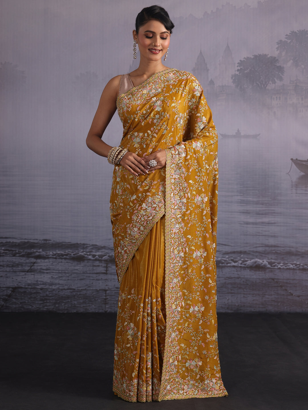 Libas Art Mustard Floral Embroidered Stone Work Chiffon Saree