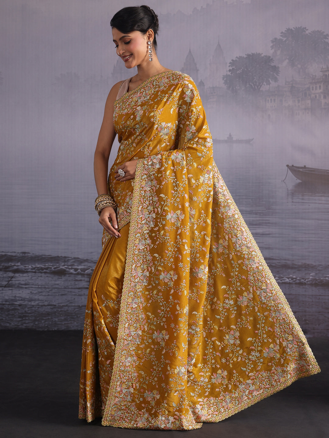Libas Art Mustard Floral Embroidered Stone Work Chiffon Saree