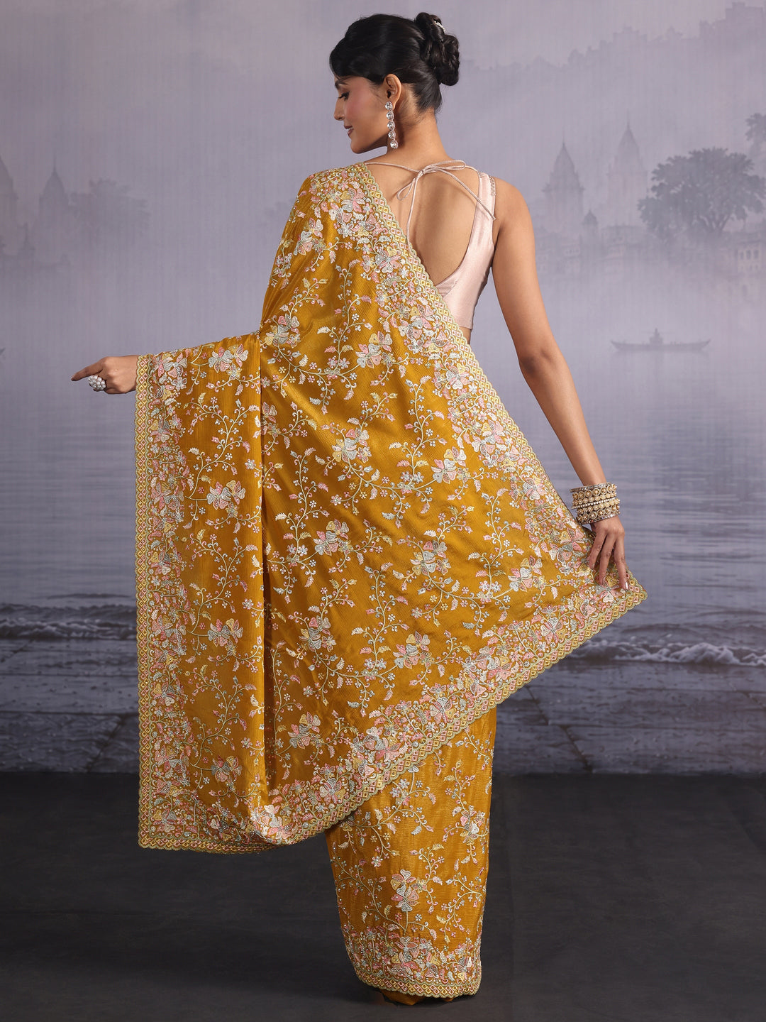 Libas Art Mustard Floral Embroidered Stone Work Chiffon Saree