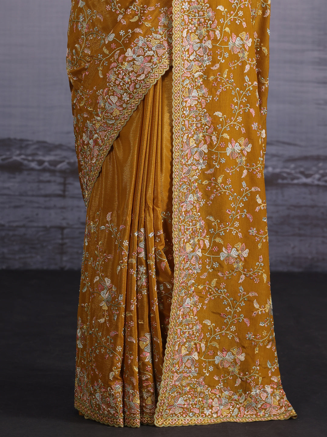 Libas Art Mustard Floral Embroidered Stone Work Chiffon Saree