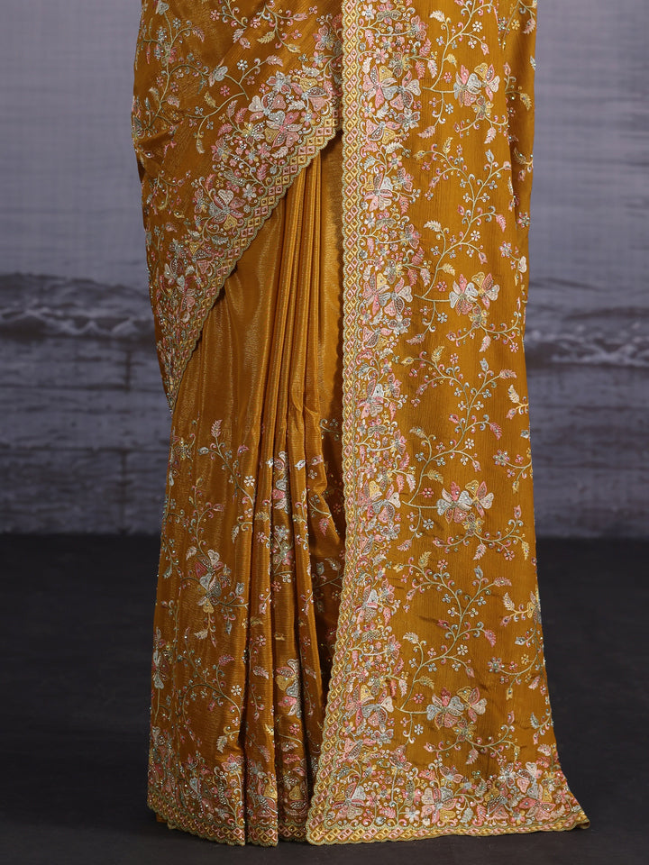 Libas Art Mustard Floral Embroidered Stone Work Chiffon Saree