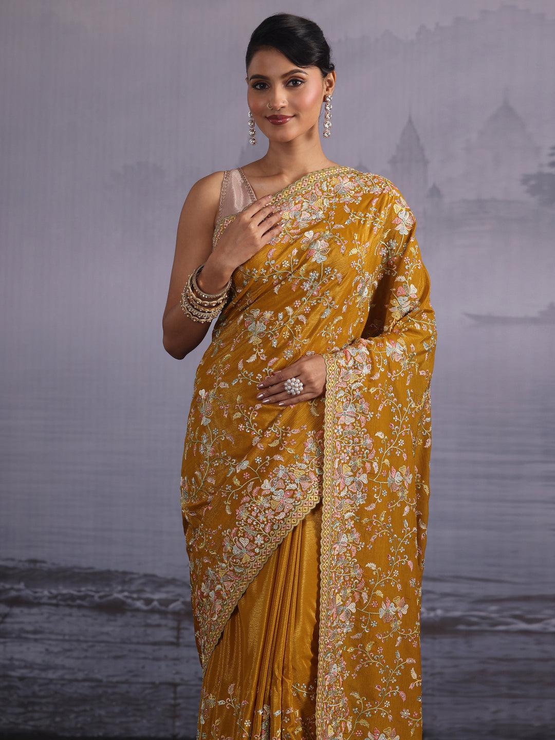 Libas Art Mustard Floral Embroidered Stone Work Chiffon Saree