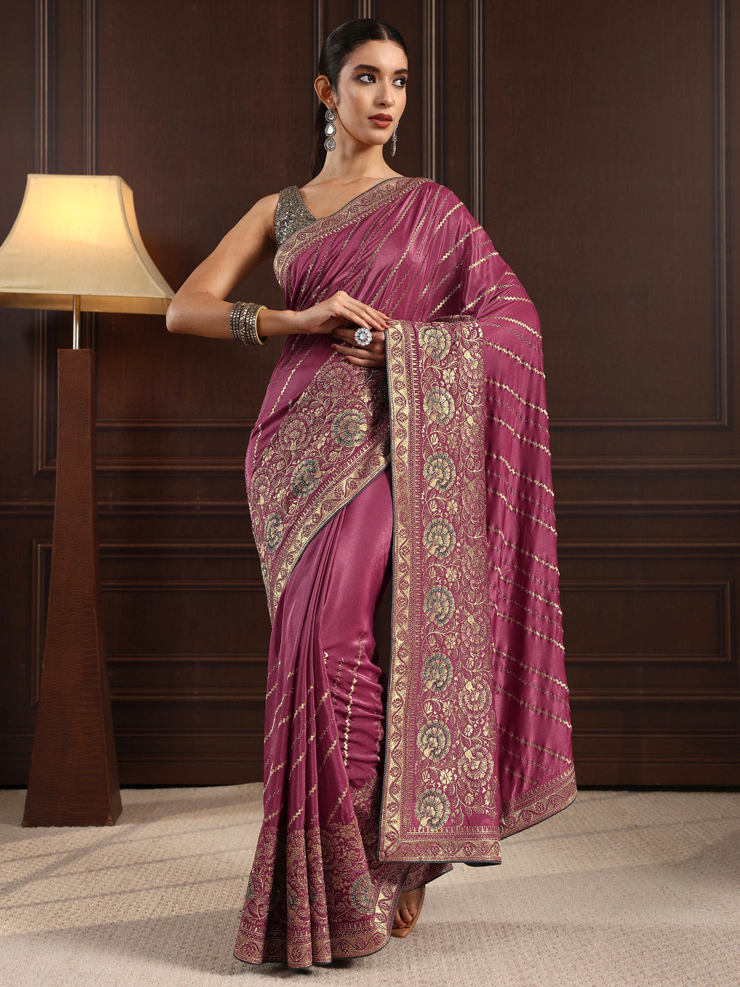 Libas Mauve Floral Embroidered Satin Saree