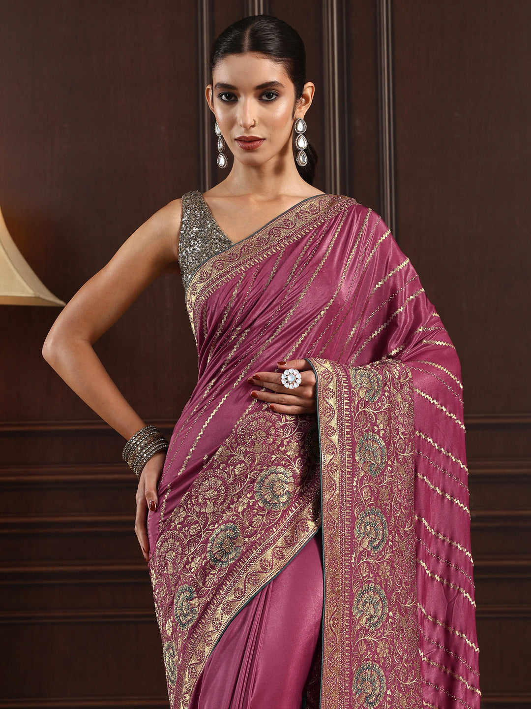 Libas Mauve Floral Embroidered Satin Saree