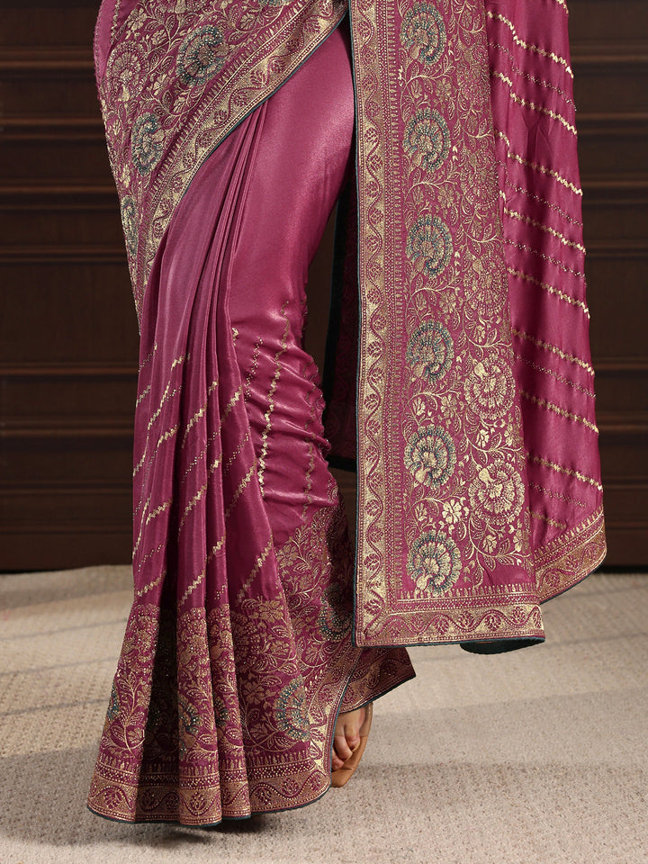Libas Mauve Floral Embroidered Satin Saree