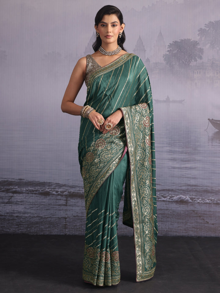 Libas Green Zari Embellished Satin Saree