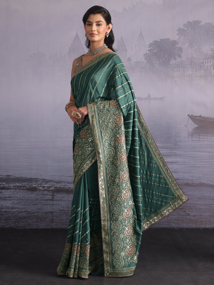 Libas Green Zari Embellished Satin Saree