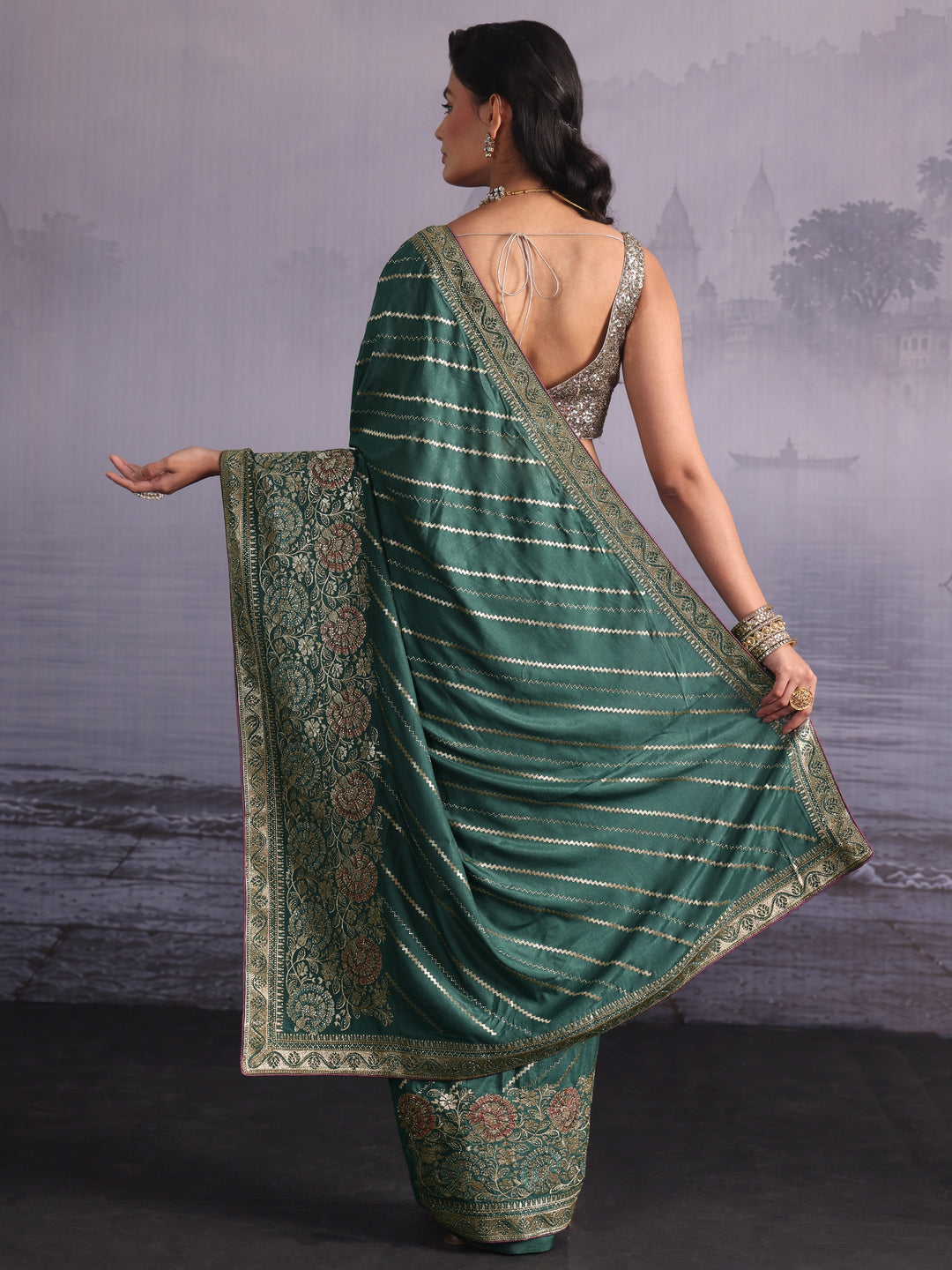 Libas Green Zari Embellished Satin Saree