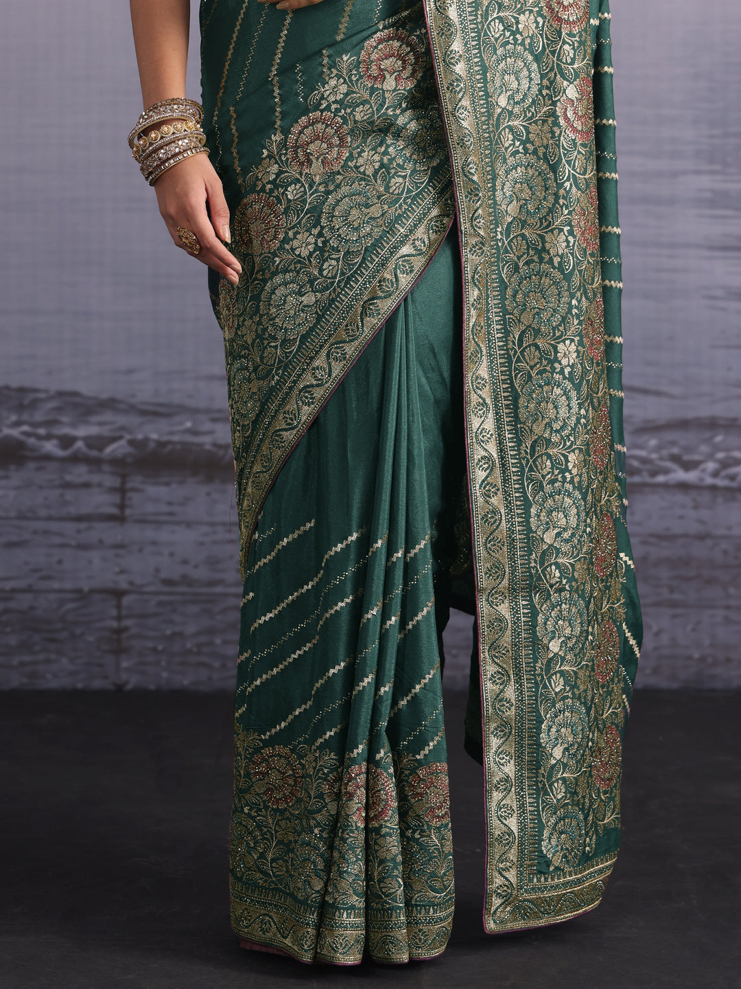 Libas Green Zari Embellished Satin Saree