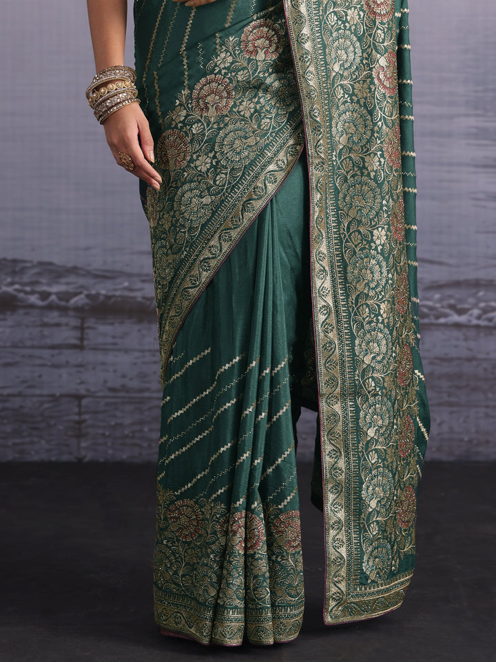 Libas Green Zari Embellished Satin Saree