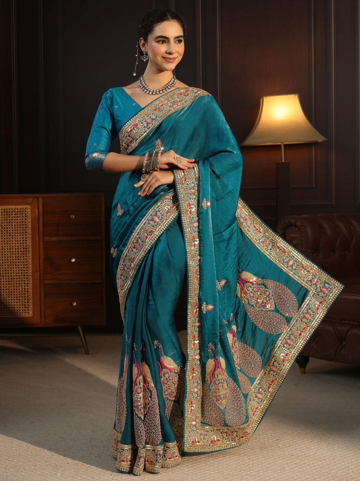 Libas Art Blue Embroidered Tissue Saree with Embellished Border