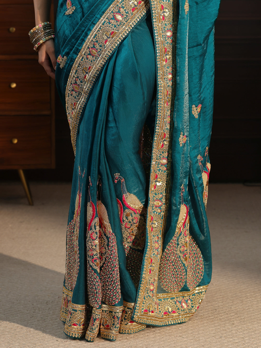 Libas Art Blue Embroidered Tissue Saree with Embellished Border