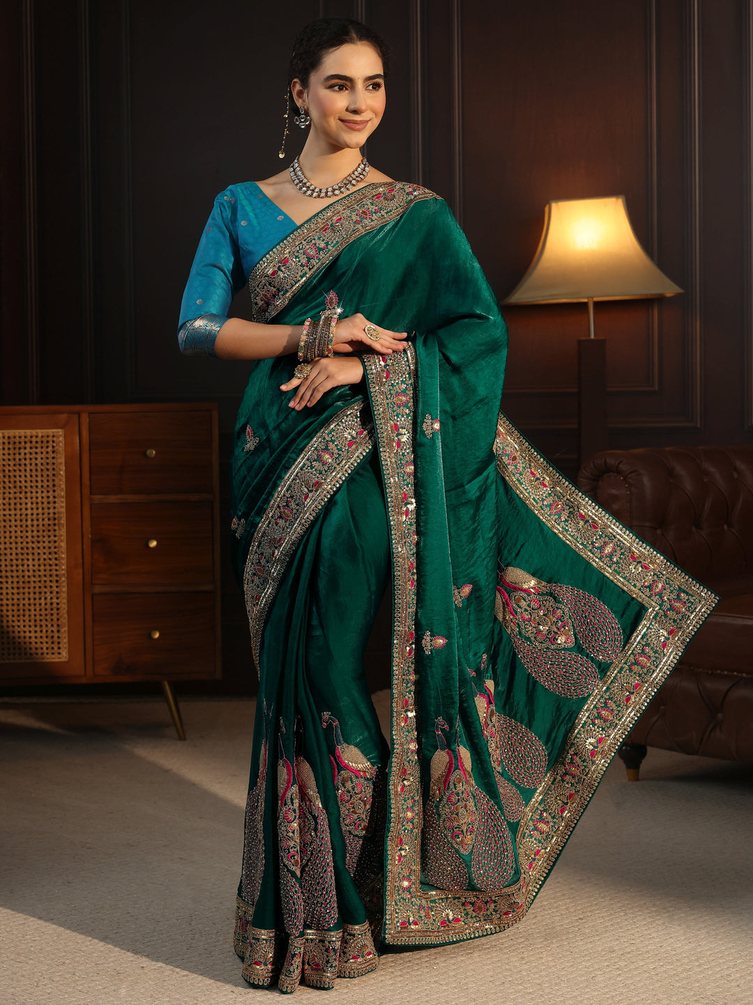 Libas Art Dark Green Embroidered Tissue Saree with Embellished Border