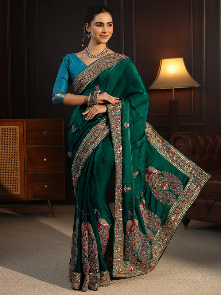 Libas Art Dark Green Embroidered Tissue Saree with Embellished Border