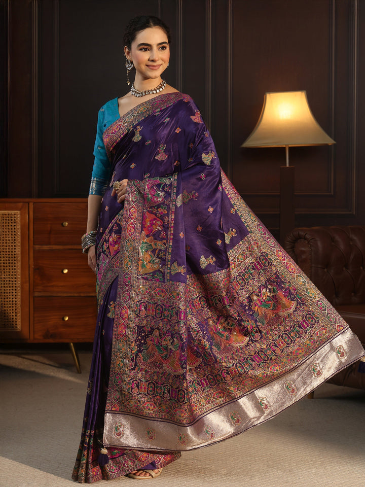 Libas Art Purple Mughal Woven Design Satin Saree with Stone Work