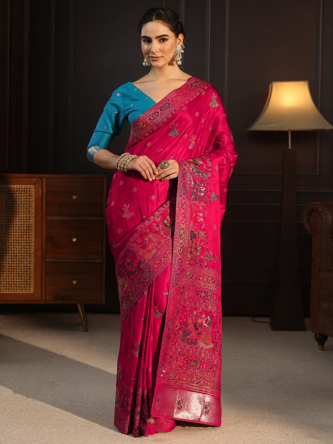 Libas Art Pink Mughal Woven Design Satin Saree with Stone Work