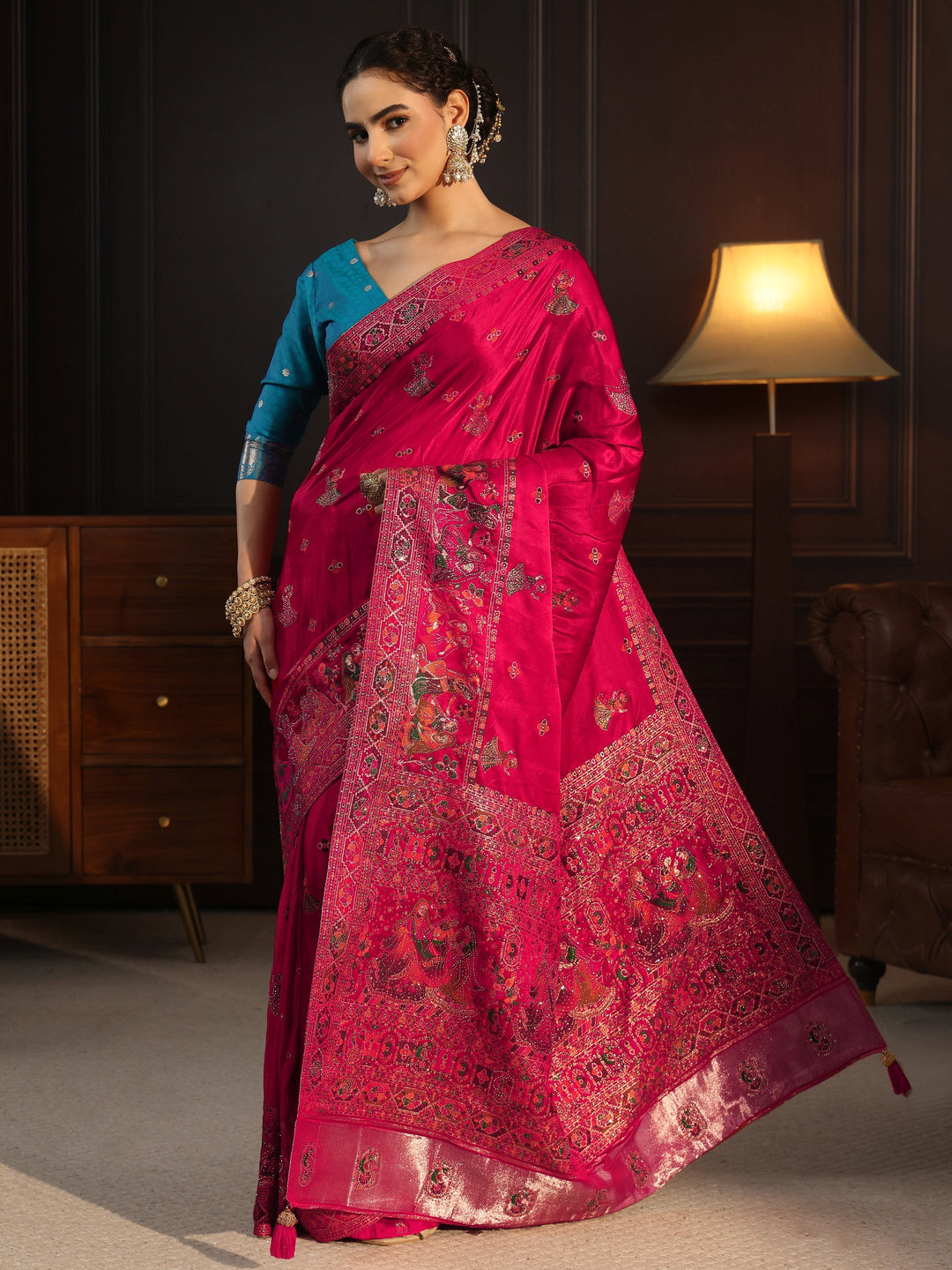 Libas Art Pink Mughal Woven Design Satin Saree with Stone Work