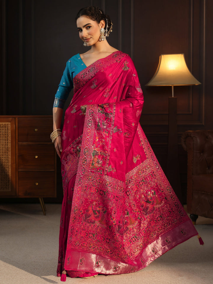 Libas Art Pink Mughal Woven Design Satin Saree with Stone Work