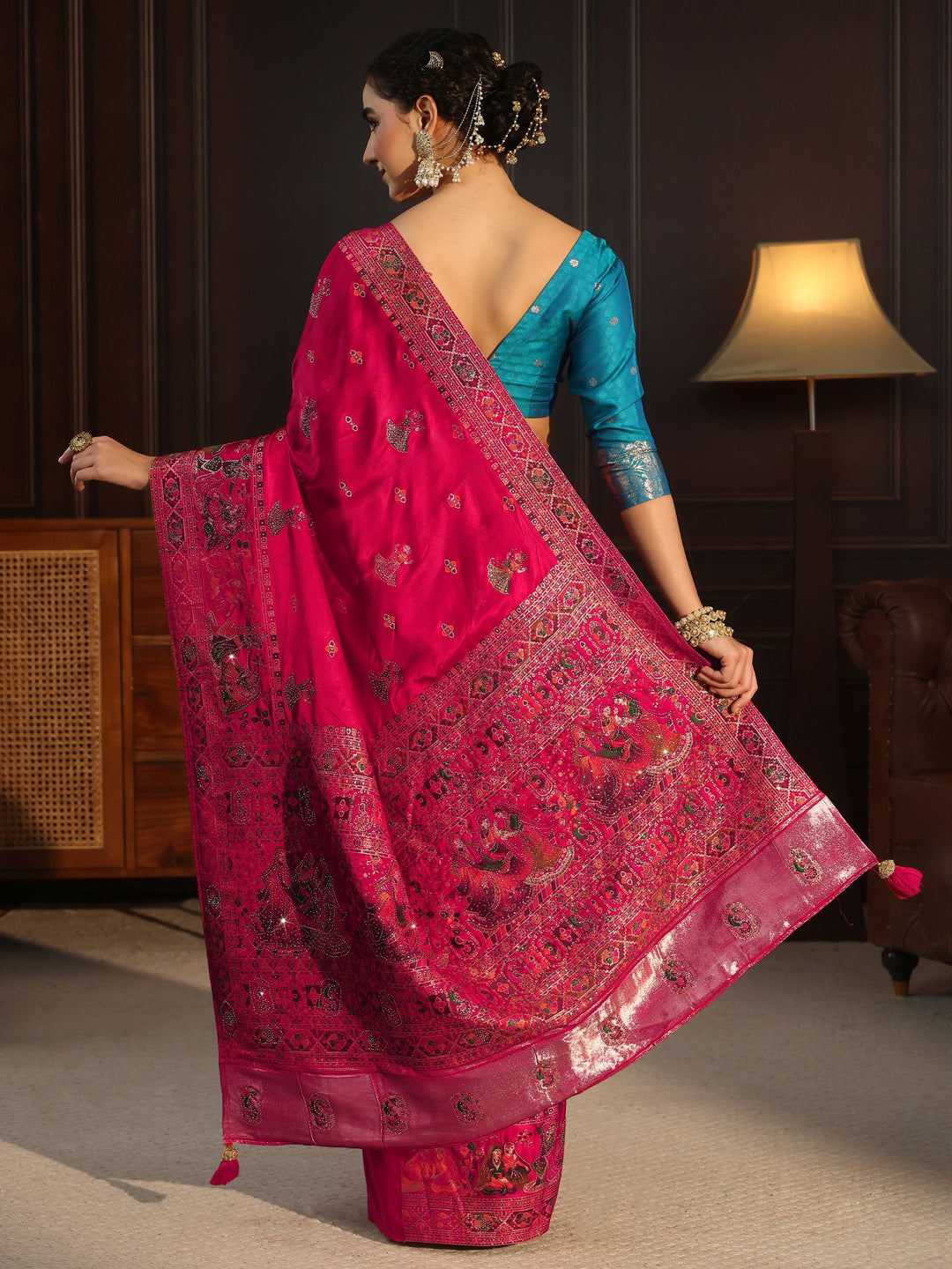 Libas Art Pink Mughal Woven Design Satin Saree with Stone Work