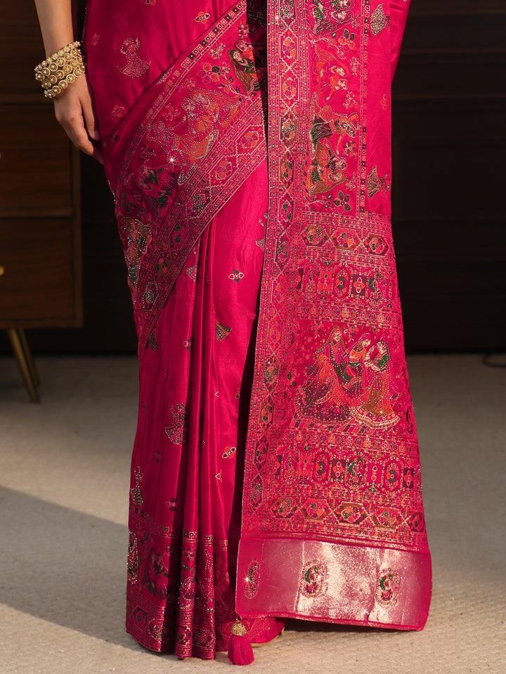 Libas Art Pink Mughal Woven Design Satin Saree with Stone Work