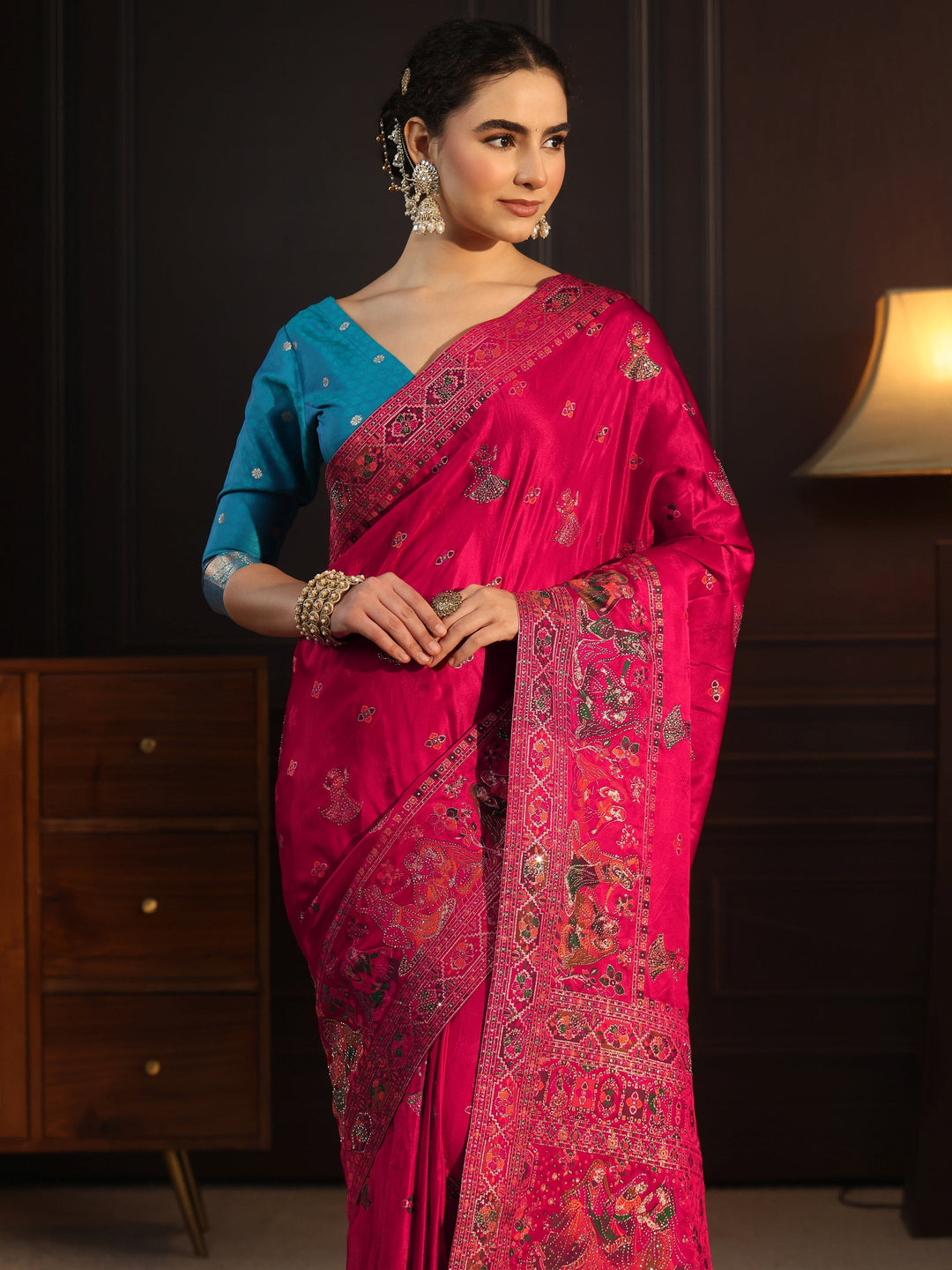 Libas Art Pink Mughal Woven Design Satin Saree with Stone Work