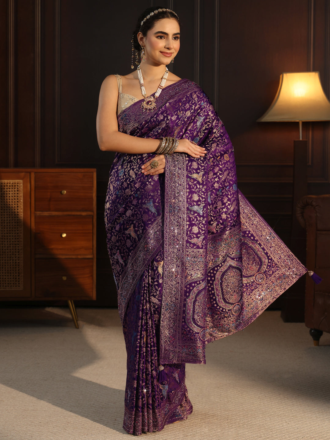 Libas Art Purple Floral Woven Design Silk Blend Saree with Stone Work