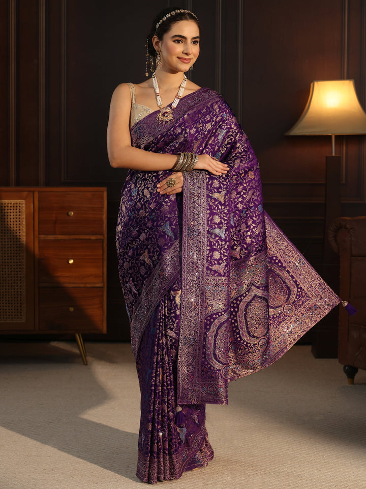Libas Art Purple Floral Woven Design Silk Blend Saree with Stone Work