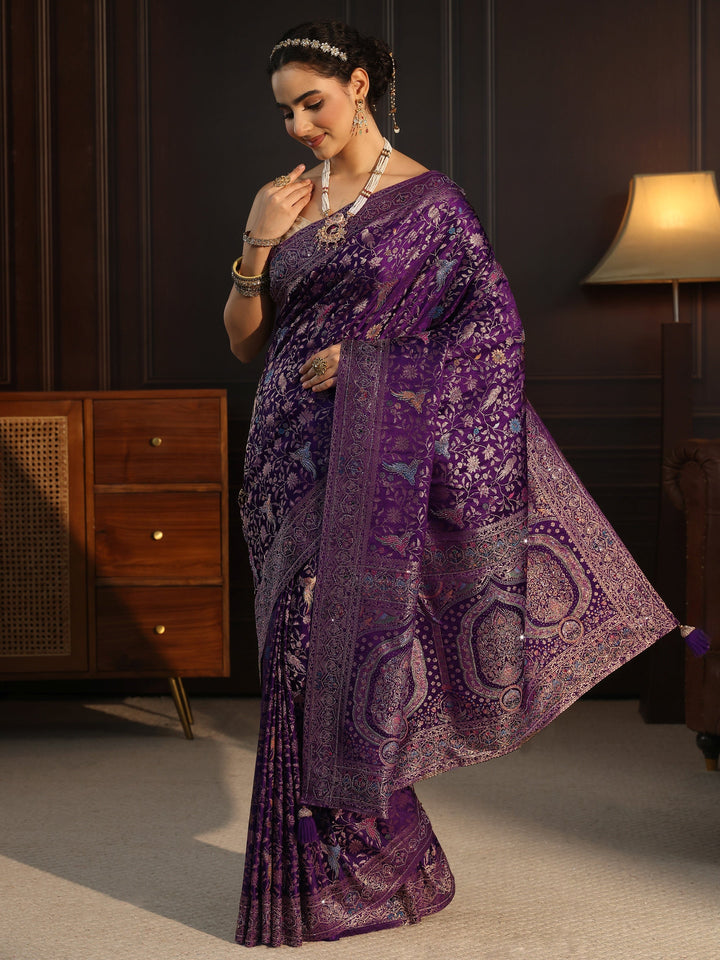 Libas Art Purple Floral Woven Design Silk Blend Saree with Stone Work