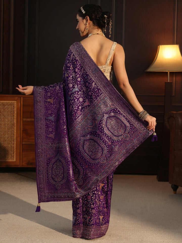 Libas Art Purple Floral Woven Design Silk Blend Saree with Stone Work