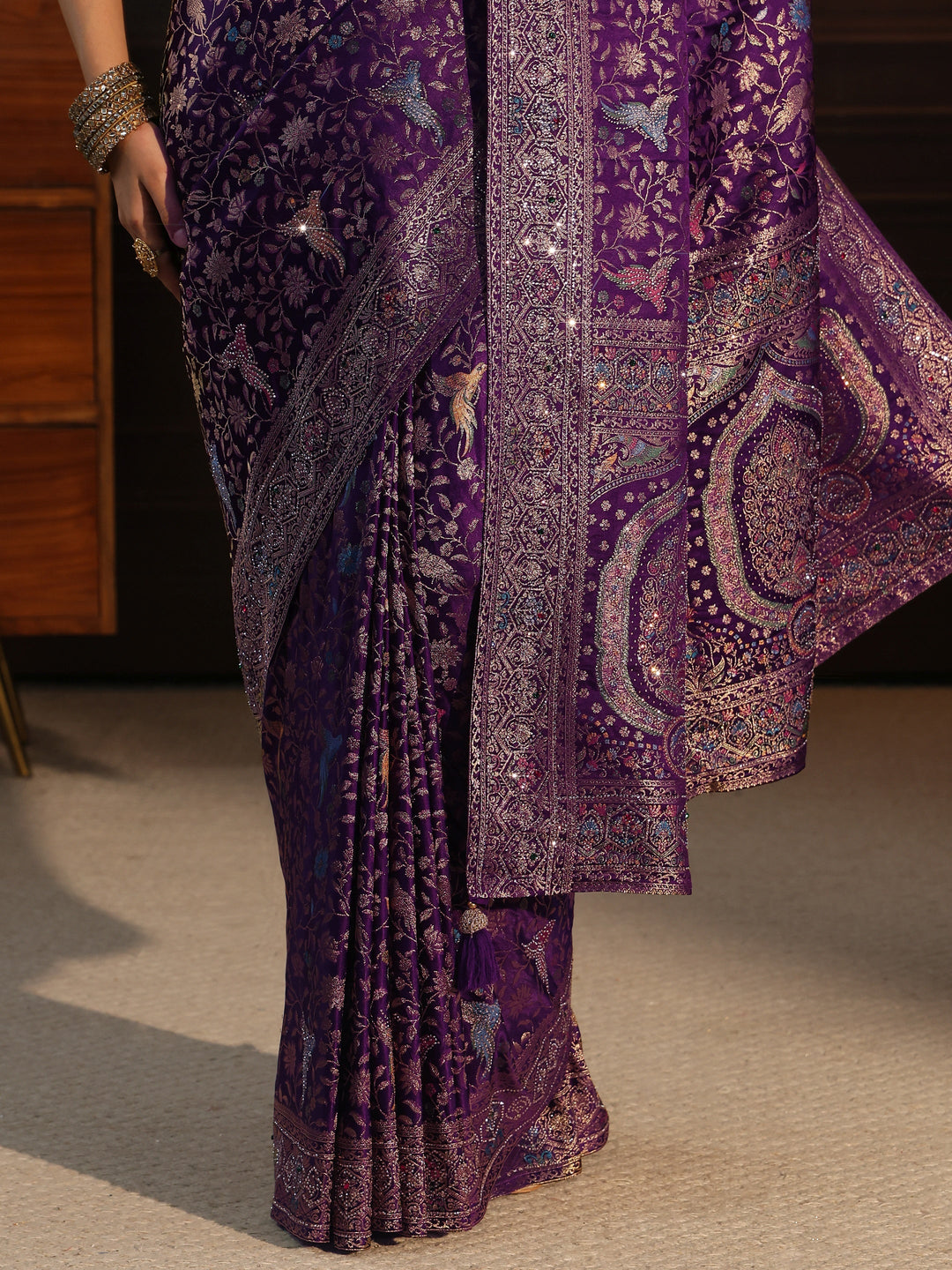 Libas Art Purple Floral Woven Design Silk Blend Saree with Stone Work