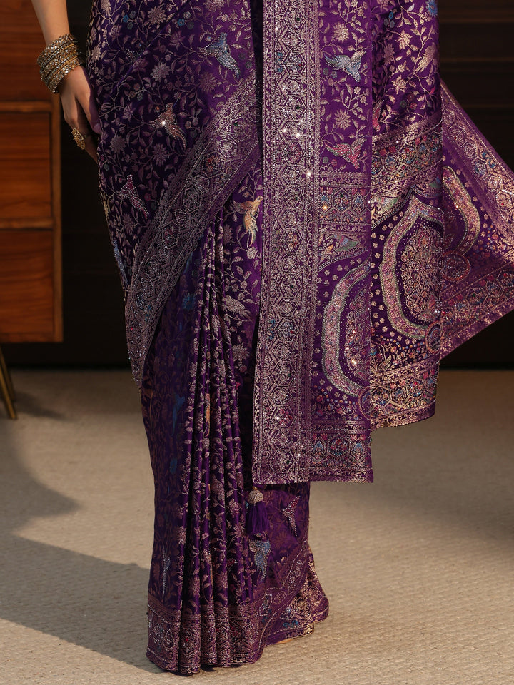 Libas Art Purple Floral Woven Design Silk Blend Saree with Stone Work