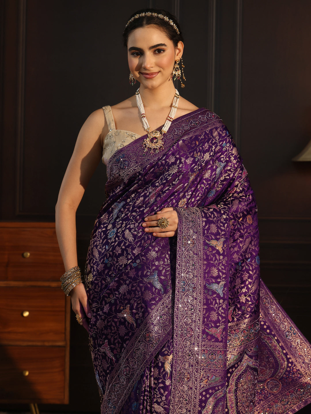Libas Art Purple Floral Woven Design Silk Blend Saree with Stone Work
