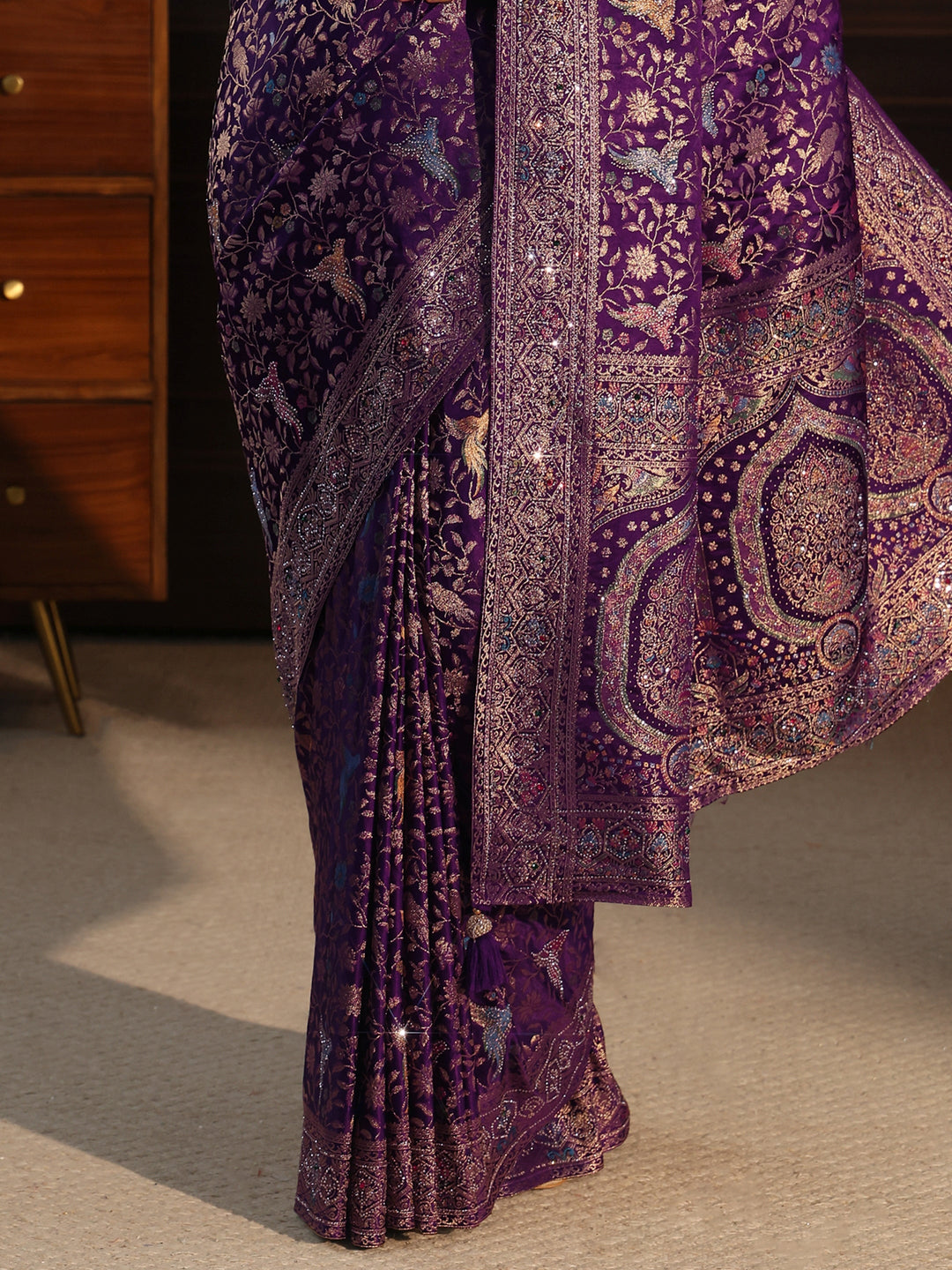 Libas Art Purple Floral Woven Design Silk Blend Saree with Stone Work