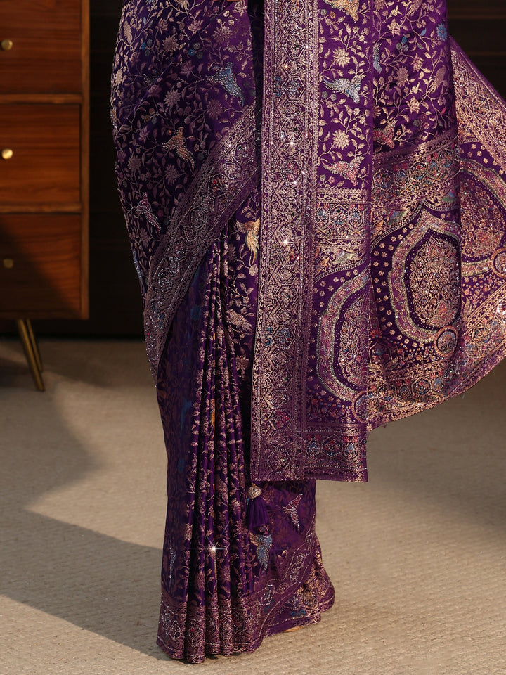 Libas Art Purple Floral Woven Design Silk Blend Saree with Stone Work
