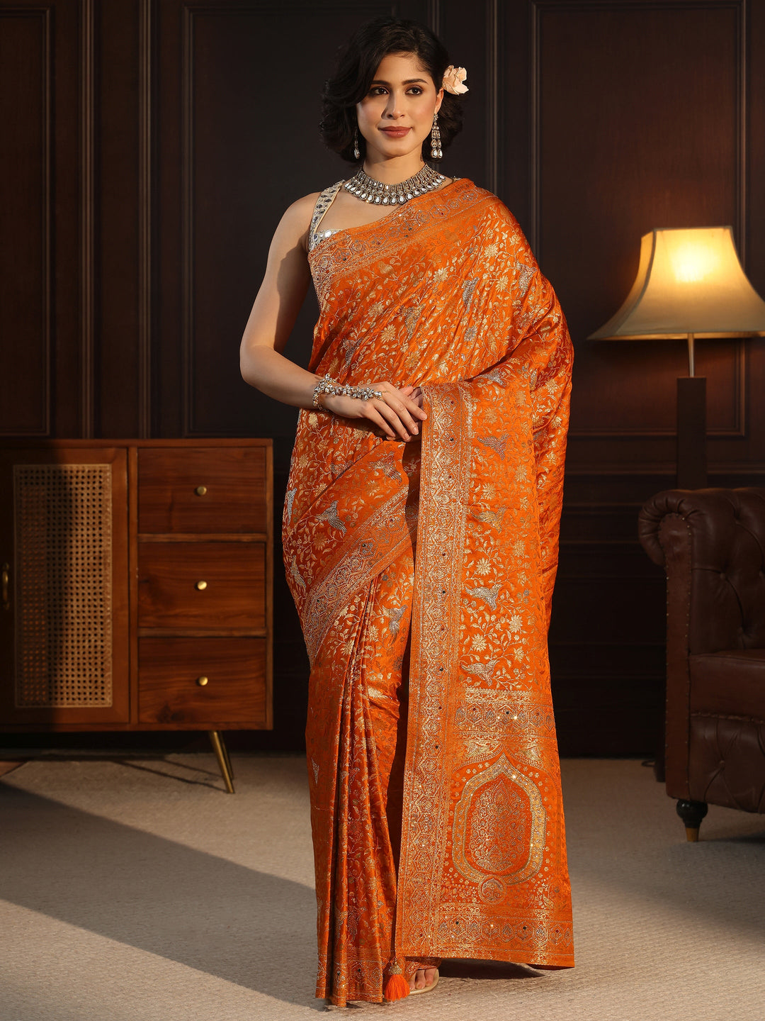 Libas Art Orange Floral Woven Design Silk Blend Saree with Stone Work