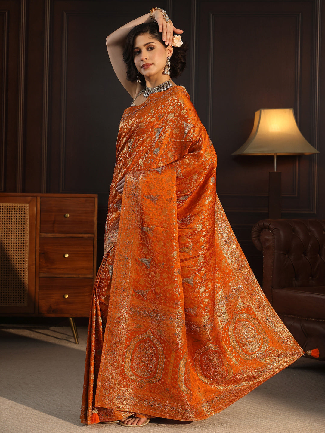 Libas Art Orange Floral Woven Design Silk Blend Saree with Stone Work