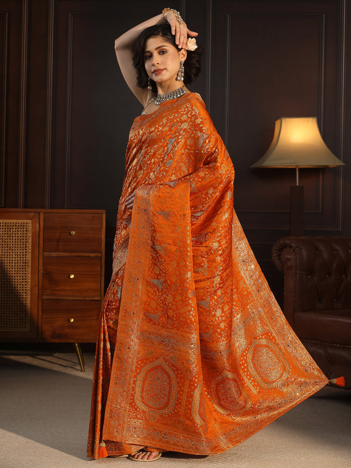 Libas Art Orange Floral Woven Design Silk Blend Saree with Stone Work