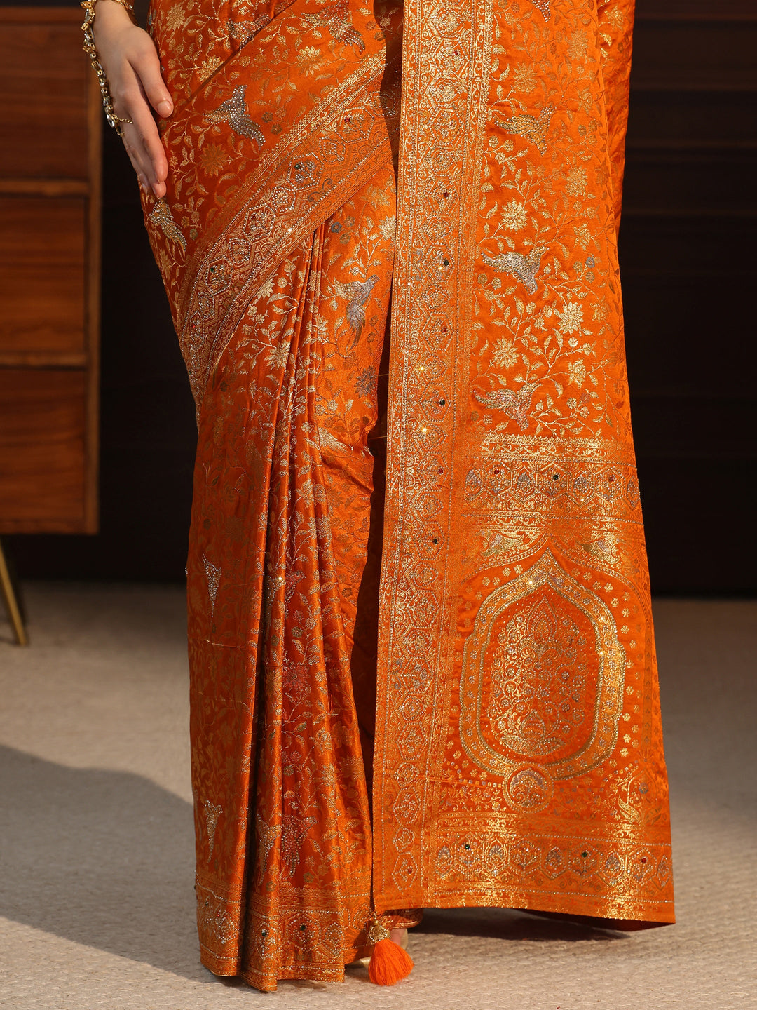 Libas Art Orange Floral Woven Design Silk Blend Saree with Stone Work