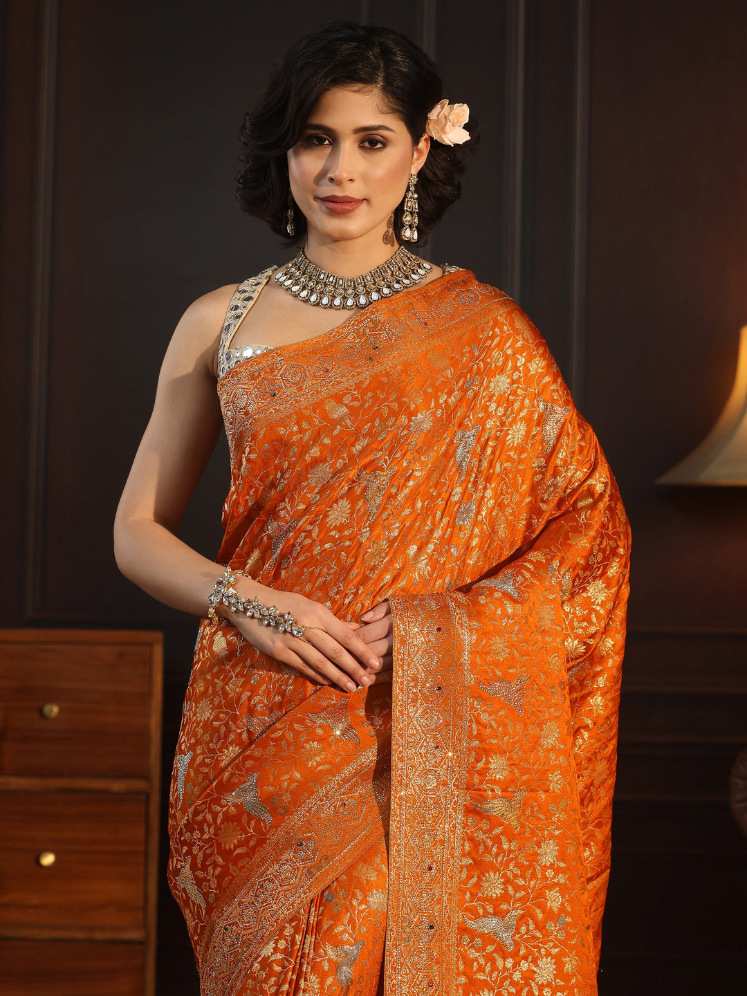 Libas Art Orange Floral Woven Design Silk Blend Saree with Stone Work