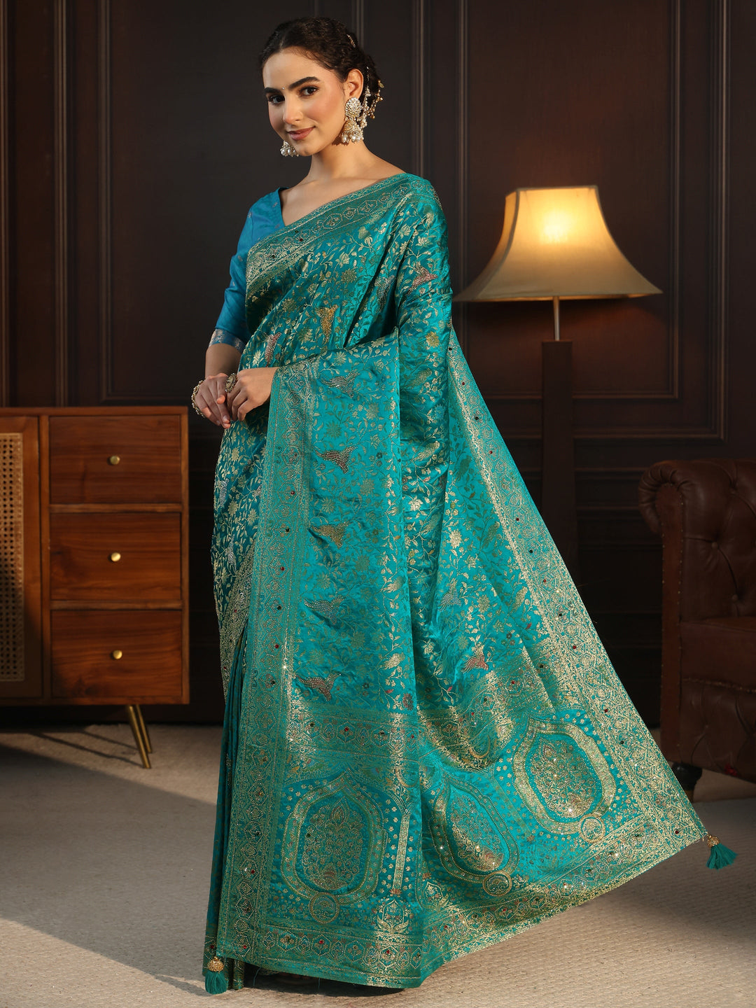 Libas Art Sea Green Floral Woven Design Silk Blend Saree with Stone Work