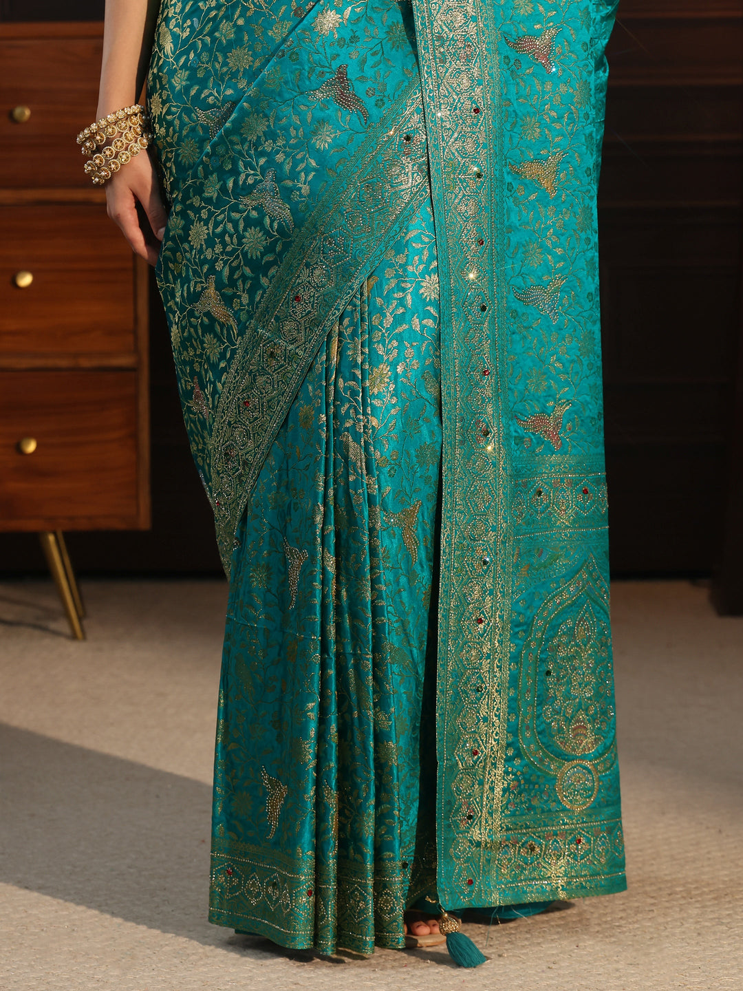 Libas Art Sea Green Floral Woven Design Silk Blend Saree with Stone Work