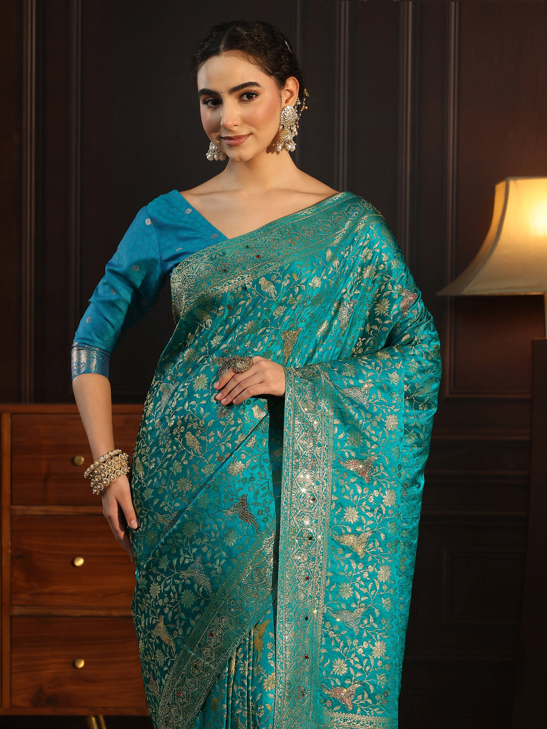 Libas Art Sea Green Floral Woven Design Silk Blend Saree with Stone Work