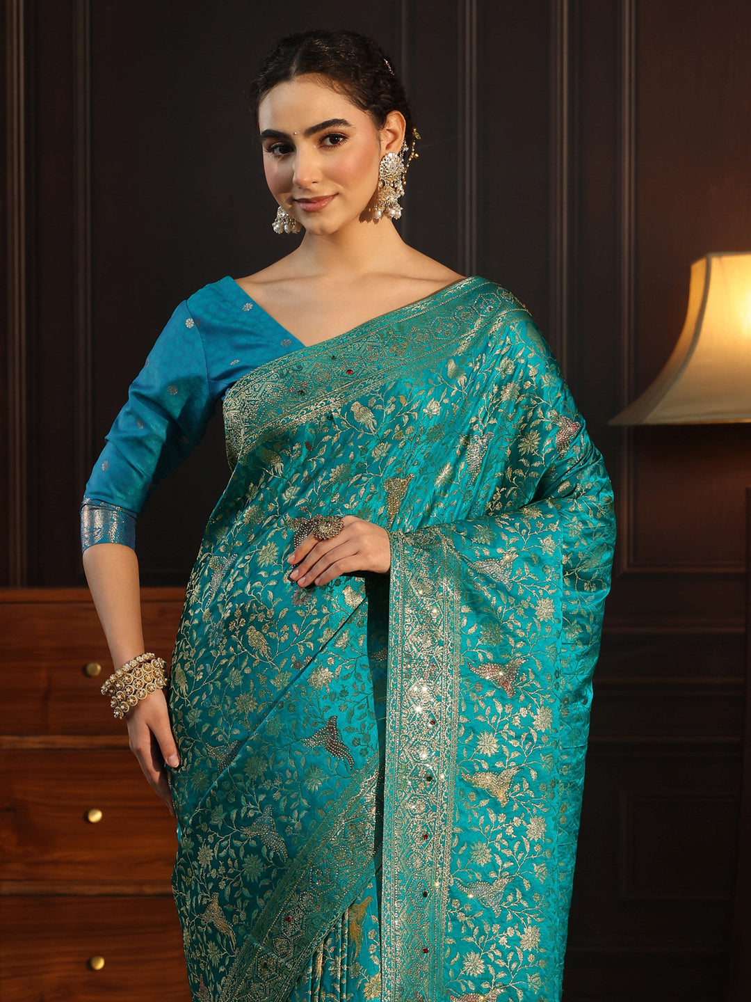Libas Art Sea Green Floral Woven Design Silk Blend Saree with Stone Work