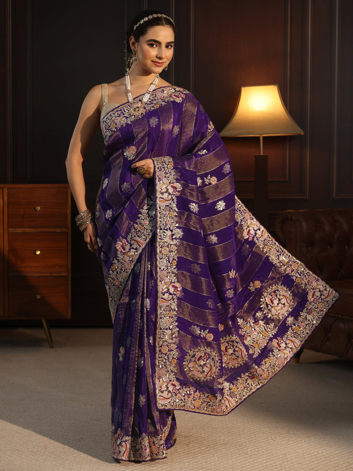 Libas Art Purple Striped Satin Saree with Embellished Border