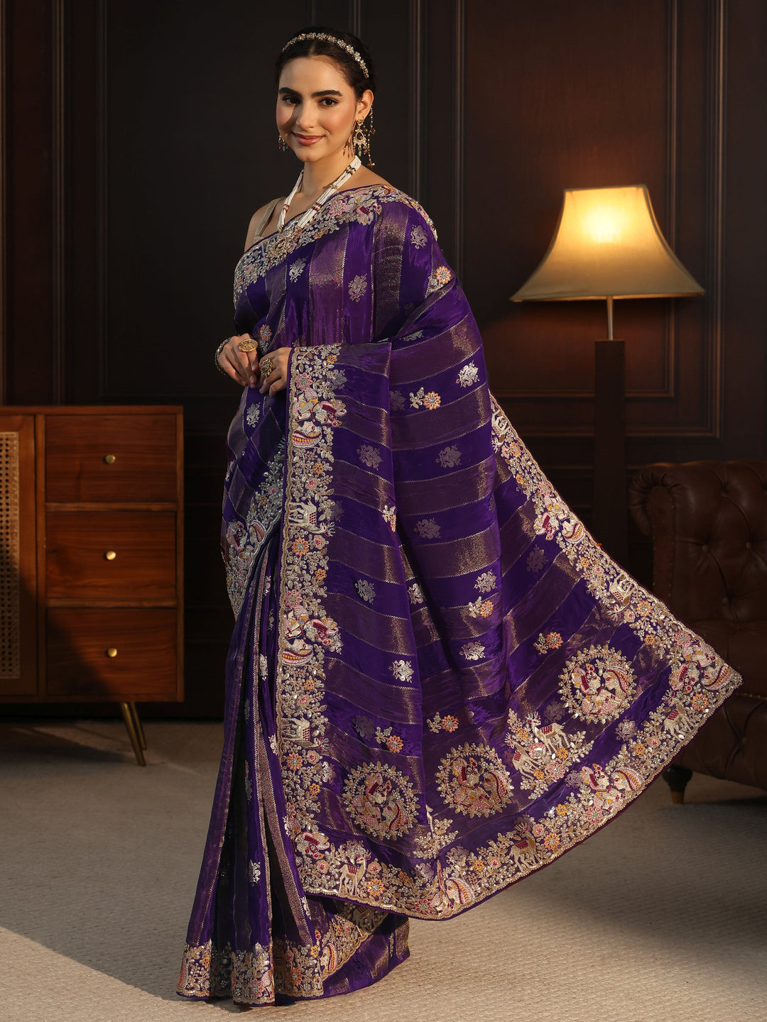 Libas Art Purple Striped Satin Saree with Embellished Border