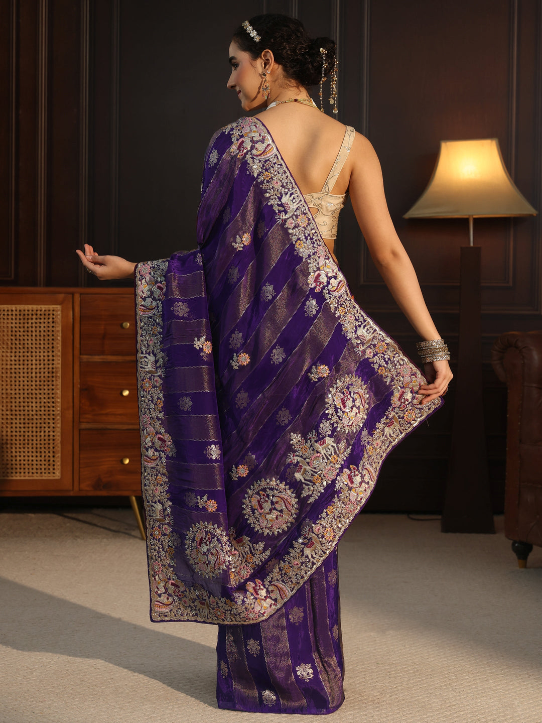 Libas Art Purple Striped Satin Saree with Embellished Border