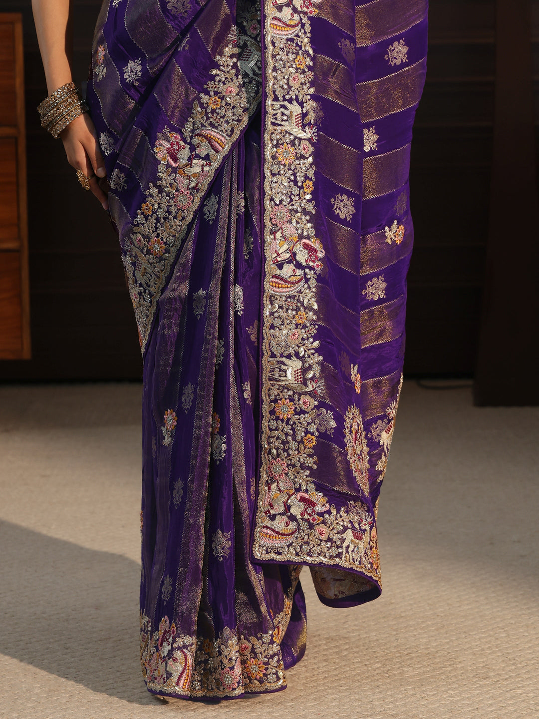 Libas Art Purple Striped Satin Saree with Embellished Border