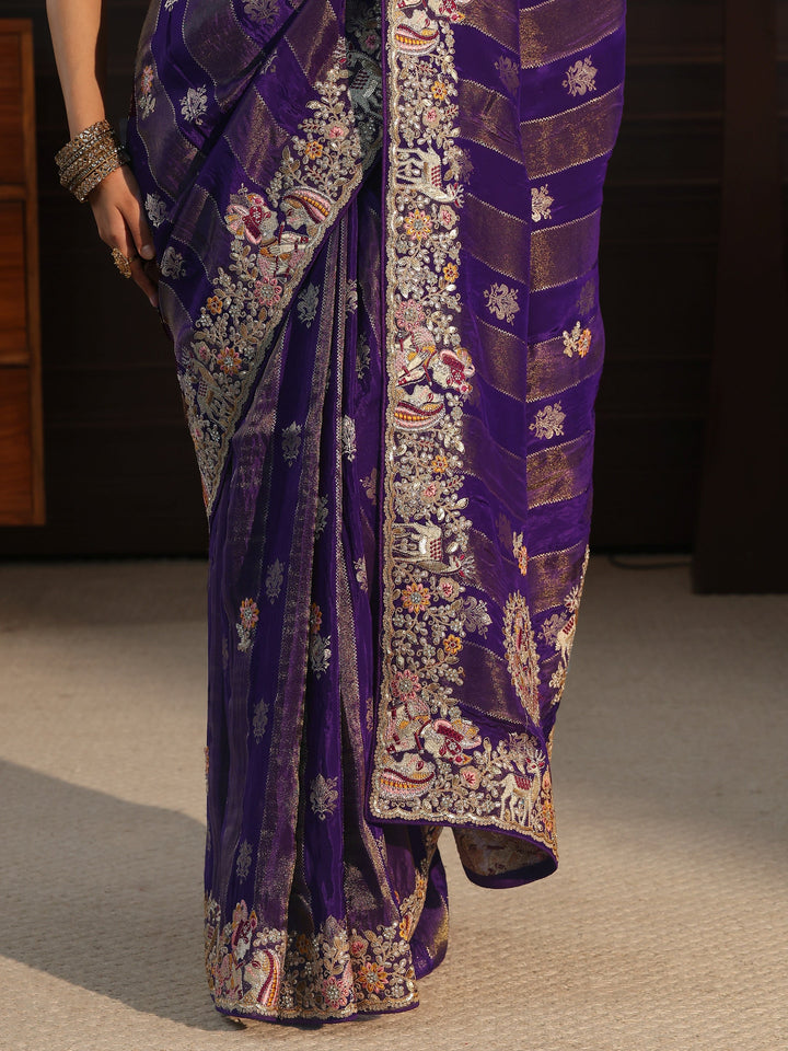 Libas Art Purple Striped Satin Saree with Embellished Border