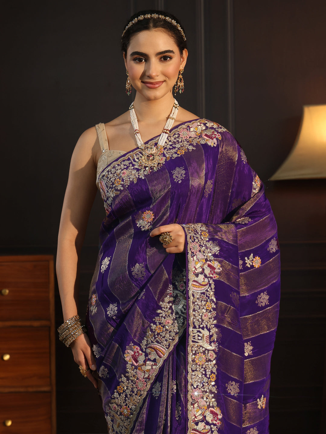 Libas Art Purple Striped Satin Saree with Embellished Border