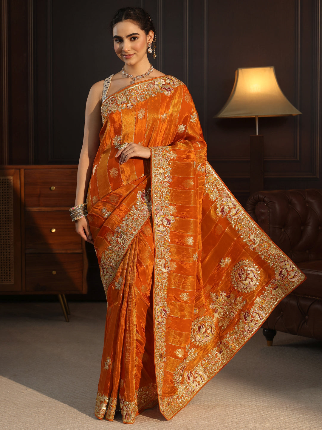 Libas Art Orange Striped Satin Saree with Embellished Border